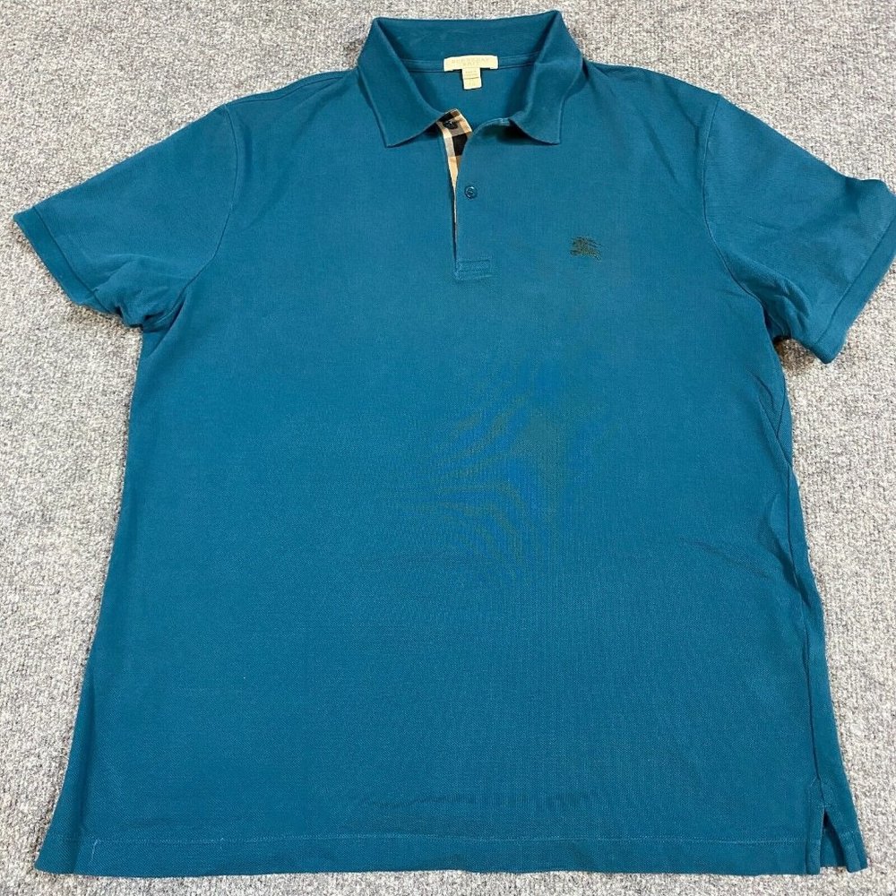 Burberry London Mens Polo Shirt XL Teal Embroidered Nova Check Collar